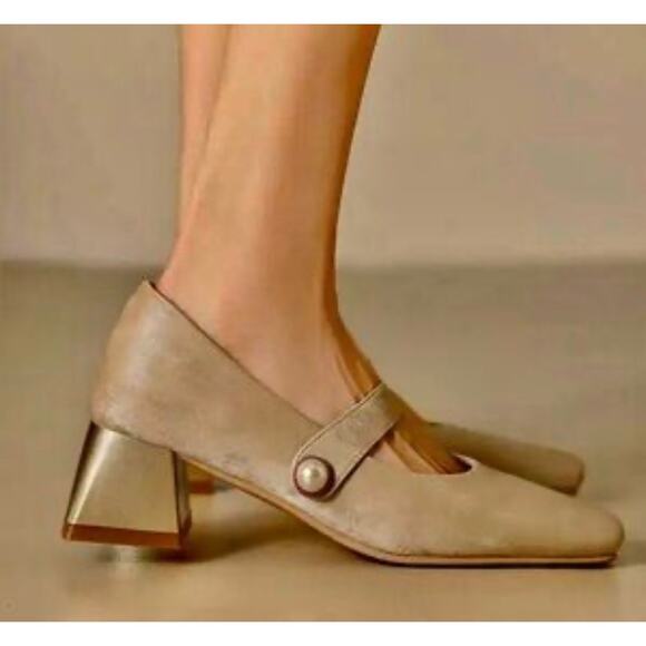 Tory Burch Shoes - Tory Burch Marisa 40mm Mary Jane Pump Gold Heel Taupe Gray Sz 7